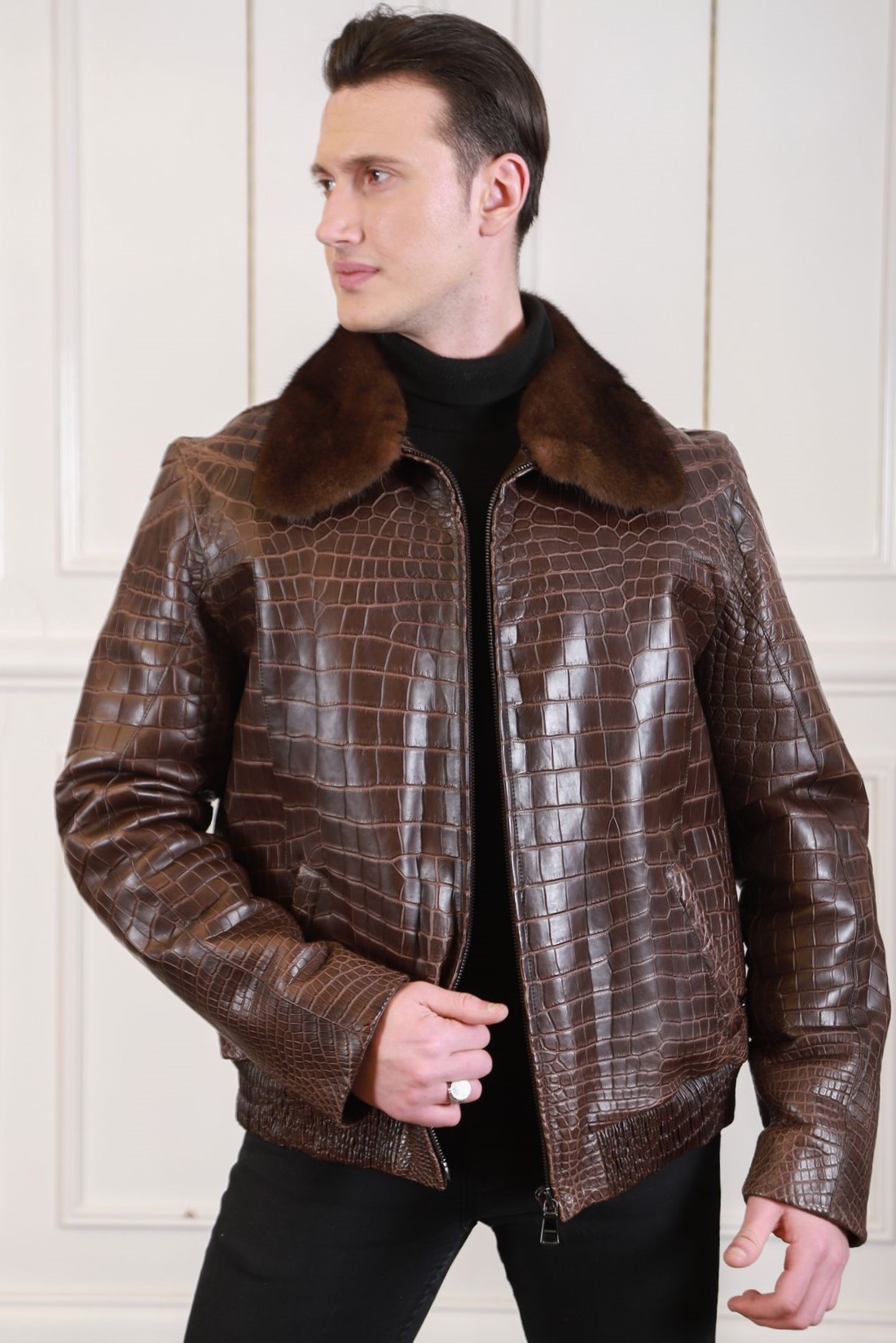 Crocodile Leather Jacket For Him With Shearling Collar