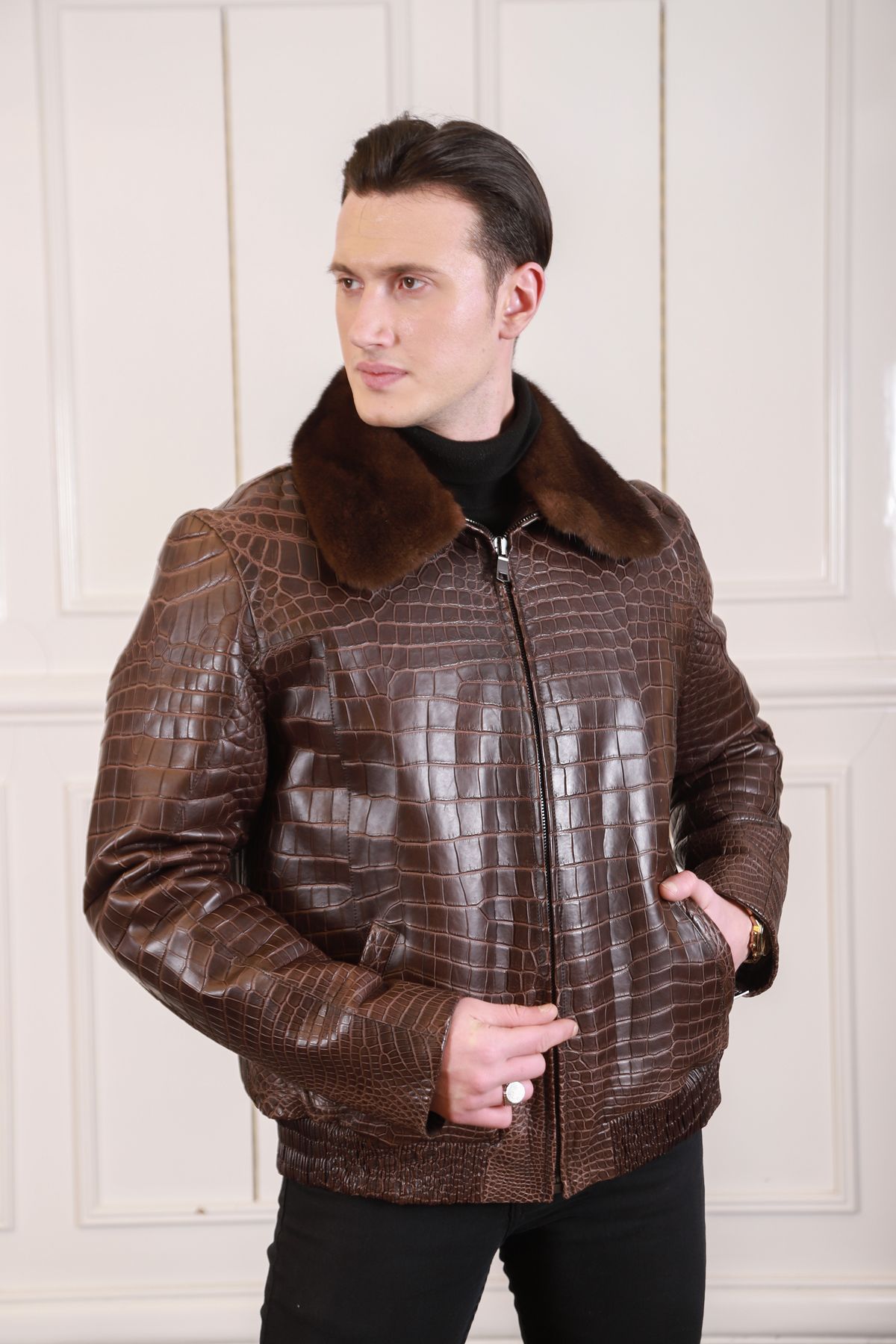 Men's crocodile leather jacket with fur